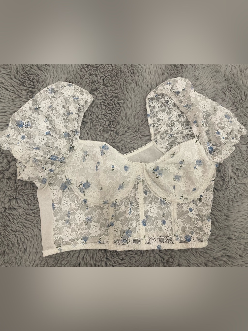 lace floral corset-style crop top with puff sleeves